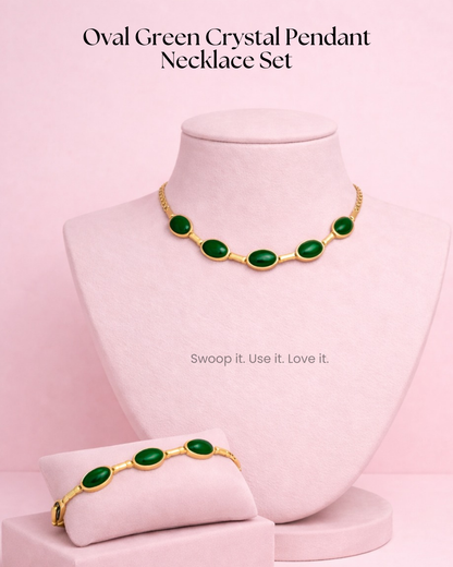 Oval Green Crystal Pendant Necklace Set With Bracelet