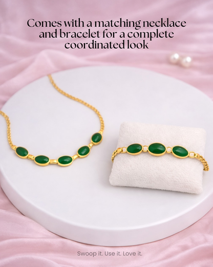 Oval Green Crystal Pendant Necklace Set With Bracelet