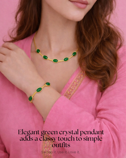 Oval Green Crystal Pendant Necklace Set With Bracelet